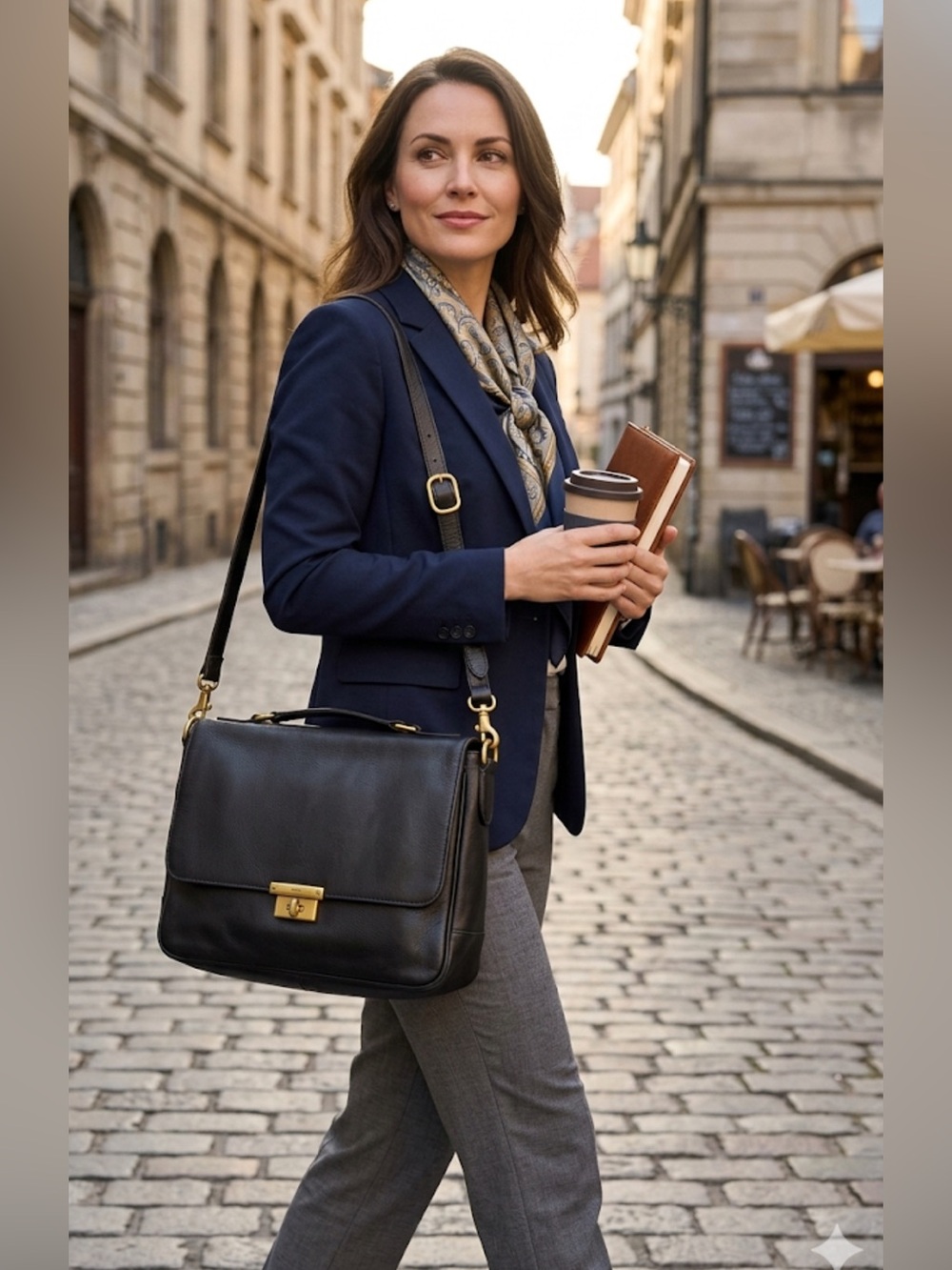 Fossil Black Leather Messenger Bag with Gold Accents